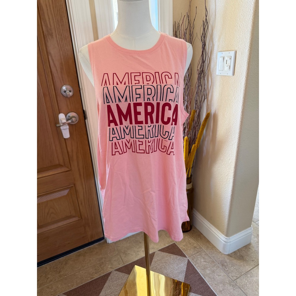 Isaac Morris America Graphic Tank Top Peach Pink Sleeveless Cotton Tee Large